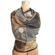 Vintage Talbots patchwork silk scarf 26  tan black animal print floral geometric