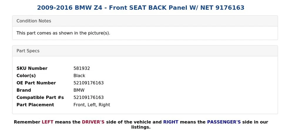 2009-2016 BMW Z4 - Front SEAT BACK Panel W/ NET 9176163 - Image 4 of 4