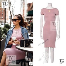 CHANEL 11S Pale Moss Pink Camellia Knit Stretch Soft Dress CC Logo Mark 34 US2