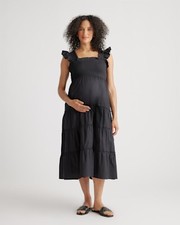 Quince Women 100% Organic Cotton Poplin Maternity Smocked Midi Dress Black S