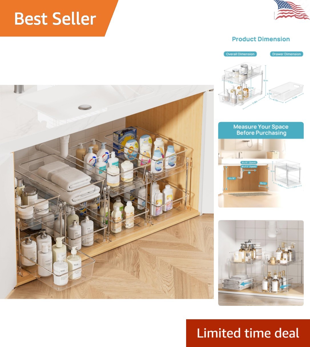 4 Pack Clear 2-Tier Bathroom Organizer - Pull-Out Under Sink Storage Containers