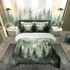 Smoky Mountain Bedding Set Queen Nature Forest Green Comforter Set 7 Piece Ru...