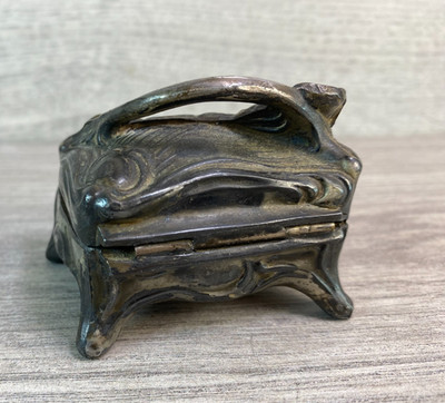 Antike Jugendstil Zinn Schmuck Ring Schatulle Schatulle - Original Seidenfutter um 1900