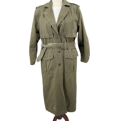 Vintage 80s Olive Belted Trench Coat Utility Heritage Style M Leather Accent  8