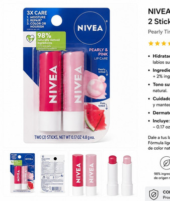 NIVEA Pearly & Pink Lip Balm Solid Stick Tinted Moisturizing Duo 0.17 oz
