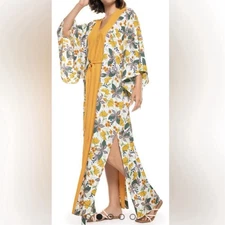 Coolibar One Size Wynwood Cover Up Maxi Dress UPF 50+ Floral Kaftan Yellow