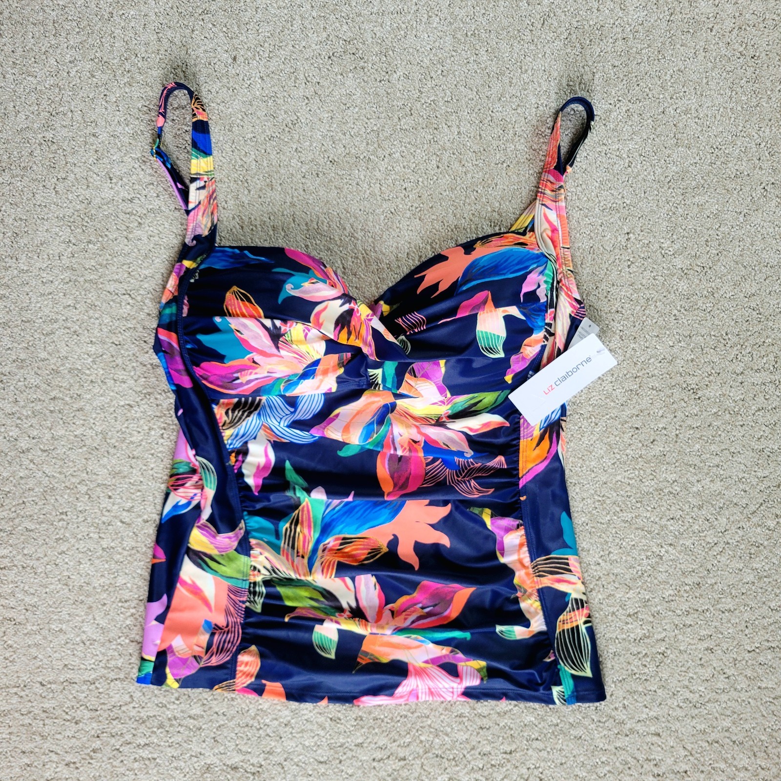 Liz Claiborne Tankini Swim Top Plus Size 16 Navy Blue Pink Tropical Floral Print