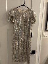 Adrianna Papell Silver Sequin Long Sleeve Cocktail Dress Size 6 Formal Swiftie