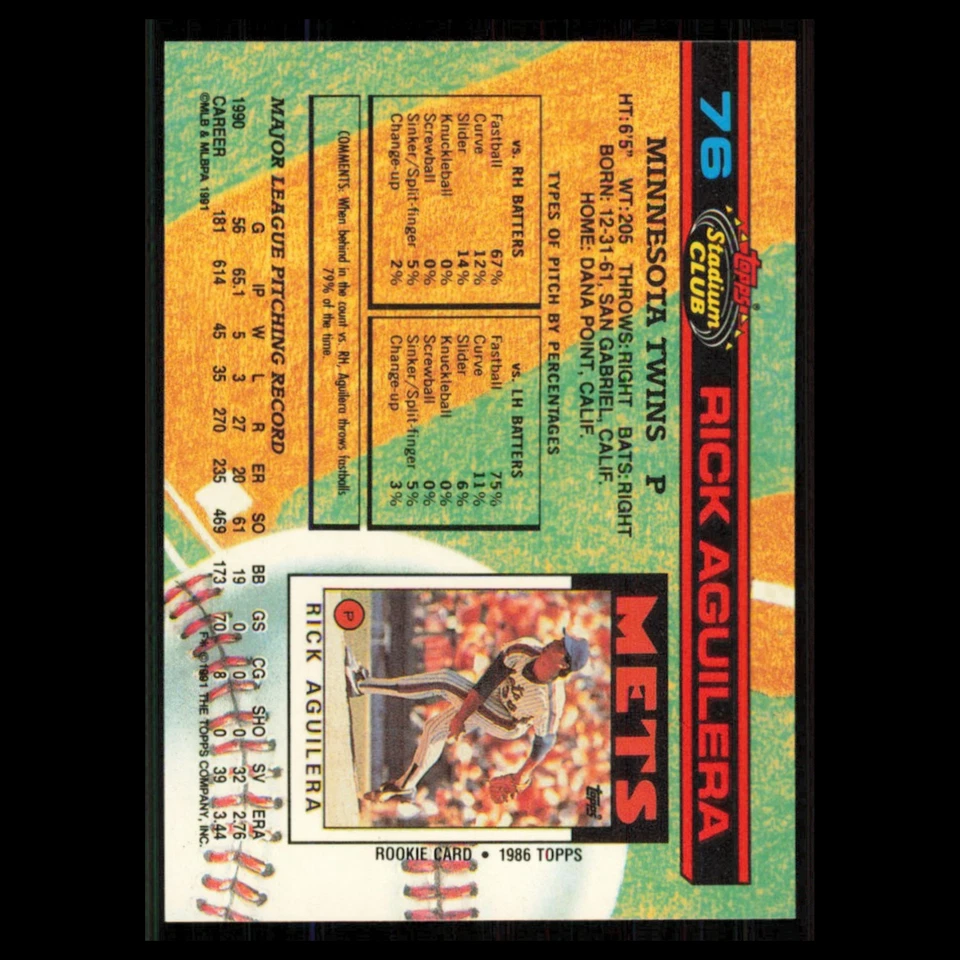 Rick Aguilera #76 1991 Topps Stadium Club Minnesota Twins Baseball Card MLB NM - Image 2 of 3