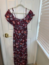 Lucky Brand Floral Off Shoulder Maxi Dress Burgundy Boho Peasant Style Size S