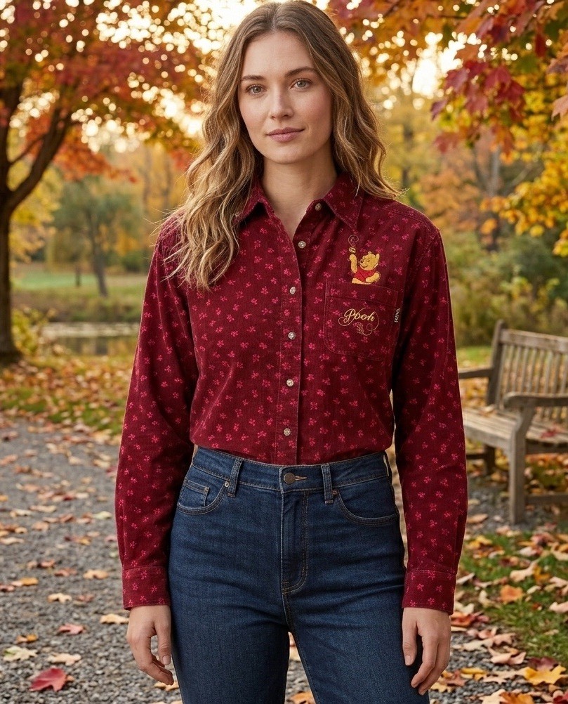 Winnie The Pooh Burgundy Corduroy Embroidered Button Shirt Size Medium NWT
