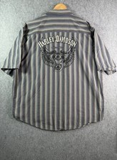 Harley Davidson Gray  Blue Stripe Embroidered Mechanic Button Shirt Men  s 2XL