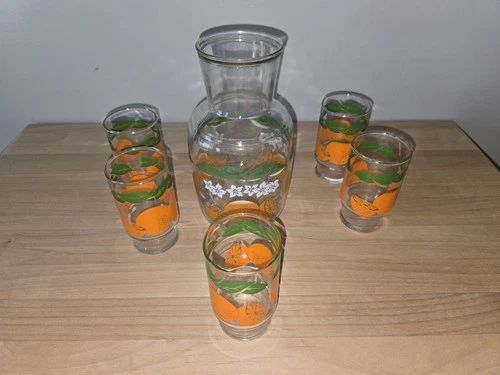 Vintage Orange Juice Set Anchor Hocking 6 Pc - 8.5” Carafe / Pitcher & 5 Glasses