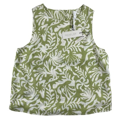 NWT Rachel Zoe Blouse Womens L Green Floral 100% Linen Back Button Classic
