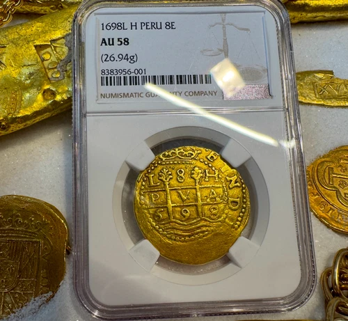 ONLY 1 CERTIFIED PERU 1698 CHARLES II 8 ESCUDOS NGC 58 PIRATE GOLD COIN DOUBLOON