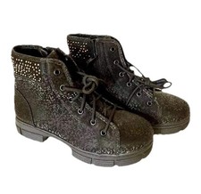 NWT Madden NYC Boots Girls4 Women 6 Black Combat Glitter Tie Up Zip