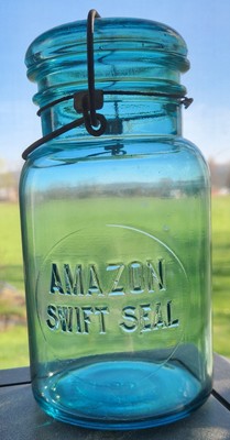 Antique Amazon Swift Seal Glass Canning Mason Jar Aqua Blue Wire Bale Quart  #3