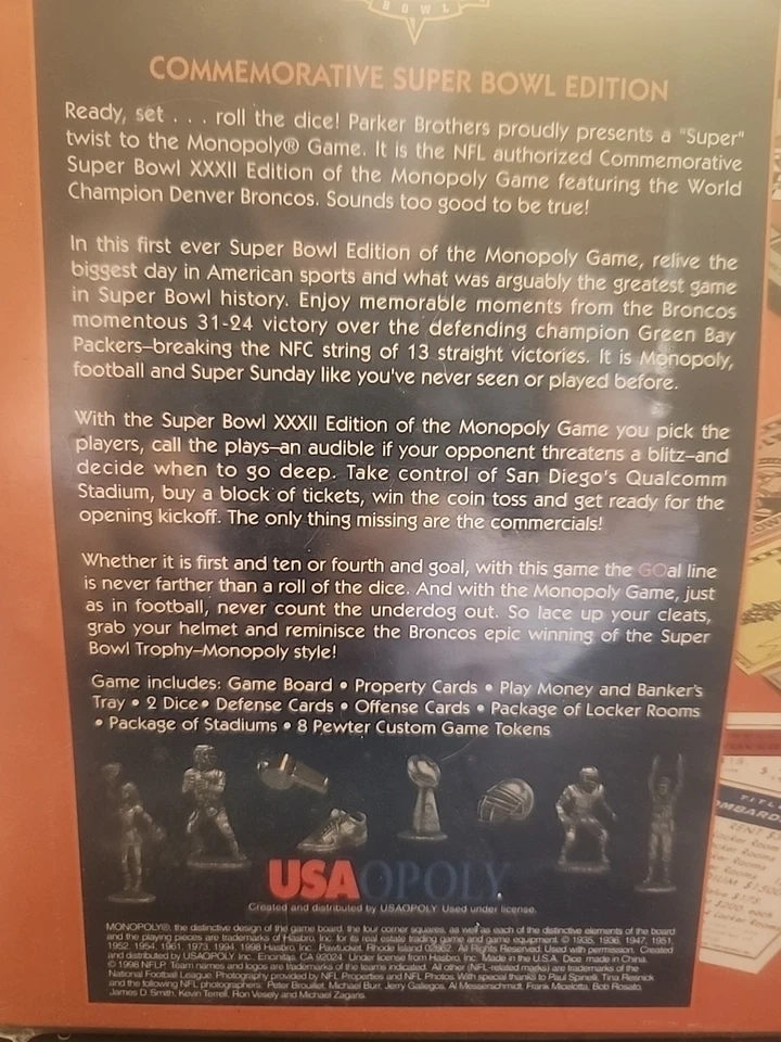 Monopoly Super Bowl XXXII Denver Broncos Packers Edición de 1998 Sellado Foto 4 de 4