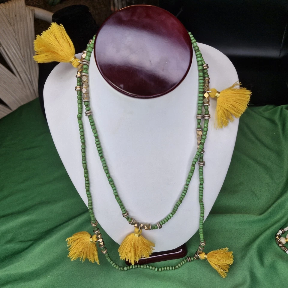 2 India Hicks No Hassle Tassel Necklaces Ivory & Green Marigold Glass Beads 51"  - Image 3 of 4