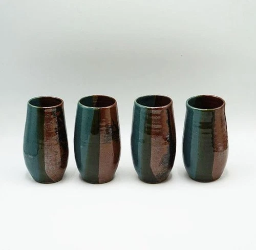 Glazed Pottery Cup Set of 4 Hand Made Ceramic Signed