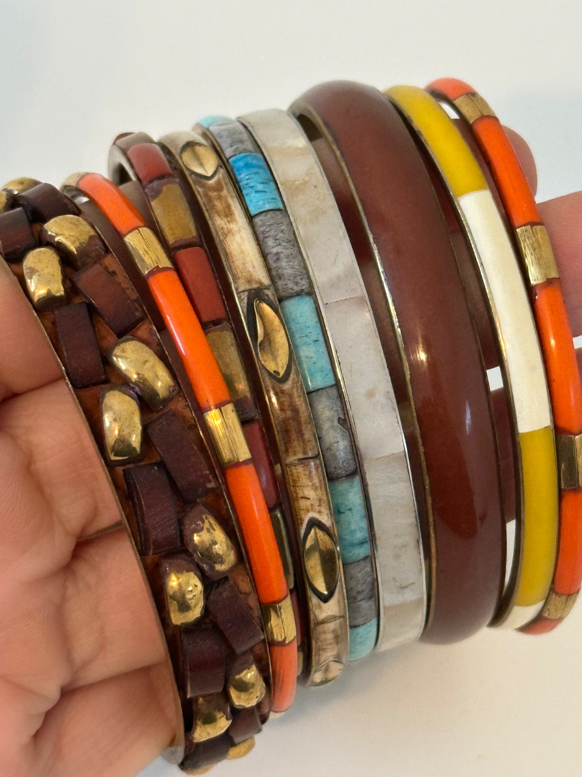 VTG Bangle Stackable Brown Orange Shell Wood Leat… - image 1