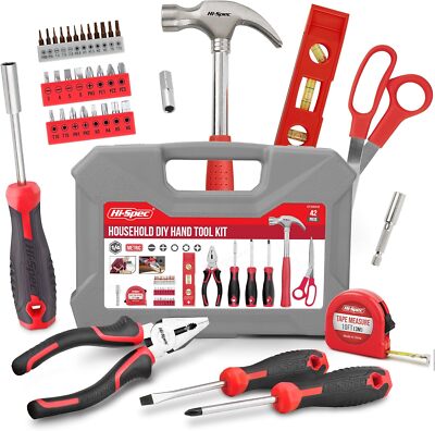 42Pc Red Household DIY Small Tool Kit. Tool Box Set of Starter Basic Tools Kit f