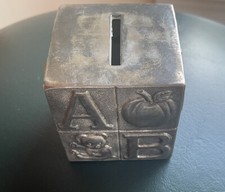Vintage 1980  s Silver Plated Baby Bank ABC Cube Block Bank For Baby Room