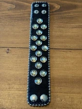 Women's Black Leather Cowhide Rhinestones Bead Chain Trim Wrap Cuff Bracelet