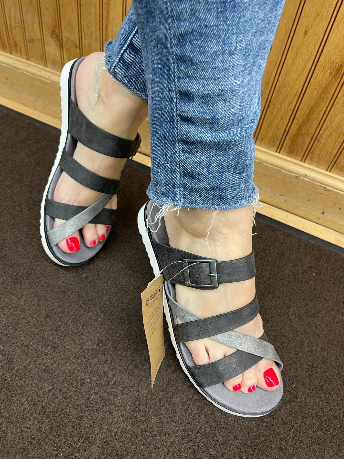 BearPaw Rhodes Black Flat Strappy Comfort Slide Sandal