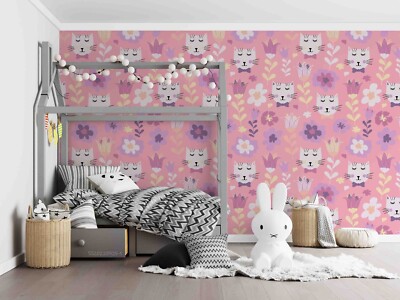 3D Cartoon Pink Animal Cat Floral Wall Murals Wallpaper Murals Wall Sticker