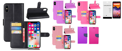 FOR ZTE Blade A3 Joy Wallet Pouch Case Phone Cover + Tempered Glass