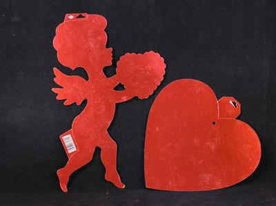 Set Of Two Different Red Shiny Cardboard Valentine Cupid & Heart Cut-Outs