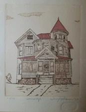 Handsome VINTAGE Terry STRAWSER Etching Signed Print Victorian House, 1985