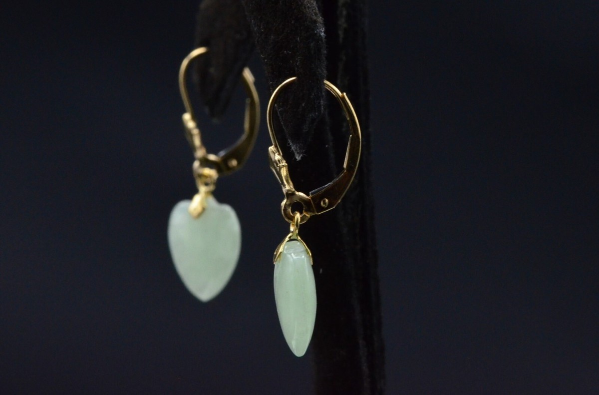 Yellow Gold Jade Heart Dangler Earrings View 2