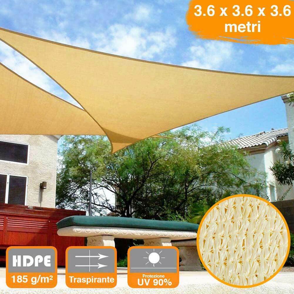 Vela Telo Parasole 3,6x3,6 mt Tenda Triangolare Ombreggiante Giardino HDPE Beige