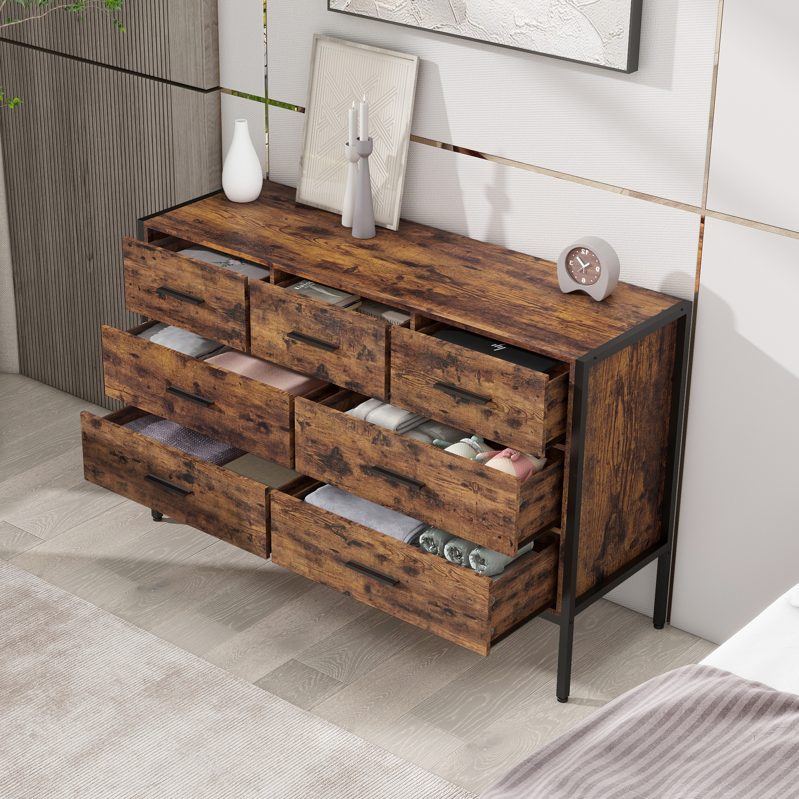 Wood Dresser with 7 Drawers, Steel Frame Storage Closet for Bedroom-image