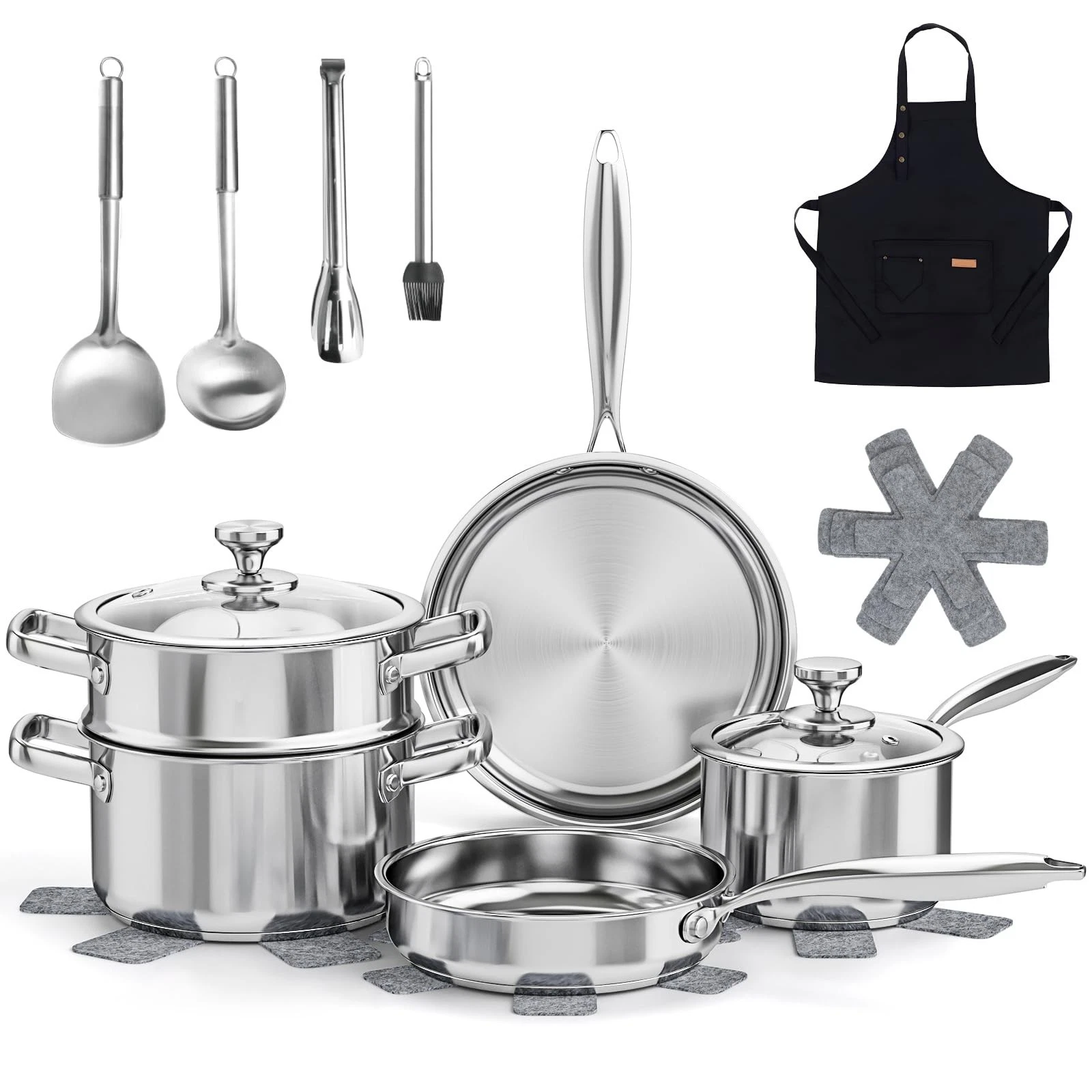 16PC Non-Toxic Stainless Steel Pots & Pans Set, Induction Cookware, Utensils & A