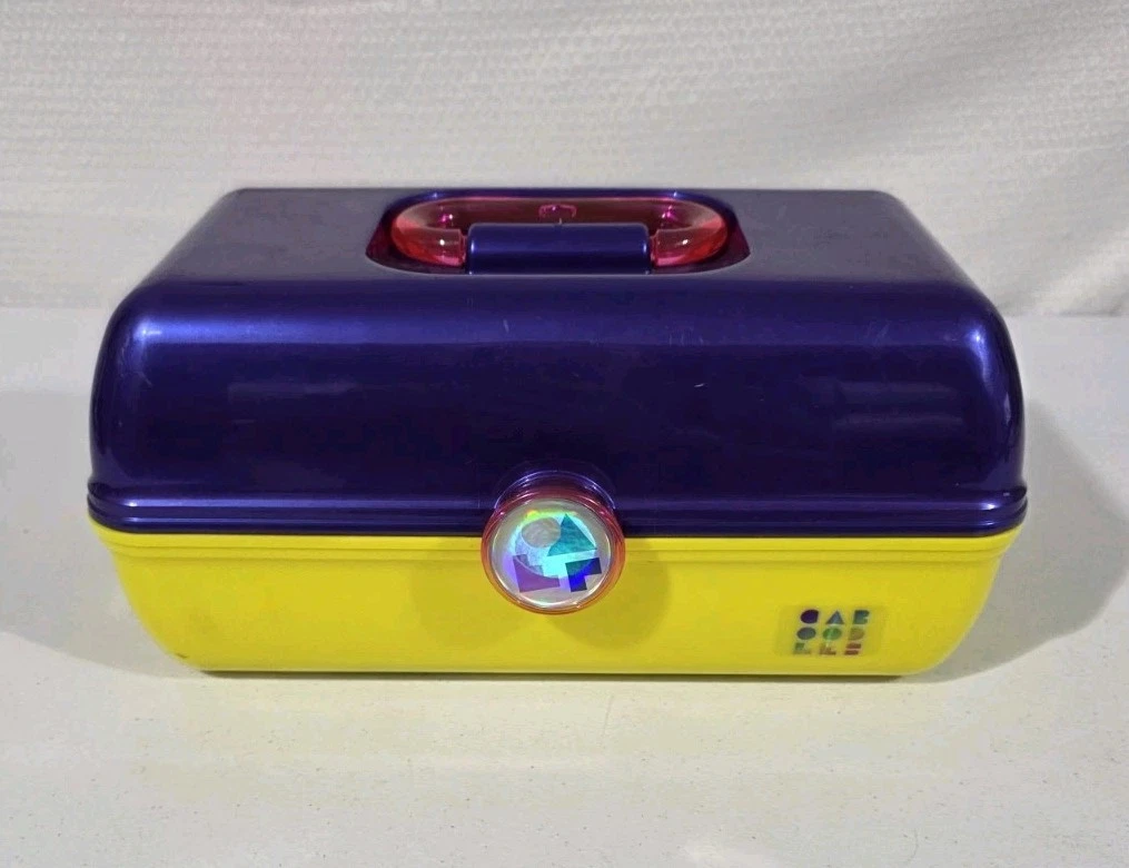 Vtg Caboodle Makeup Organizer Train Case Caddy Purple Yellow Retro Made In USA