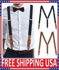 Mens Suspenders Adjustable Elastic Leather Y-Shaped Hooks Pants Braces Solid US