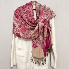 Pashmina Silk Blend Floral Paisley Shawl Wrap Fuchsia Pink Beige Fringe 72x26