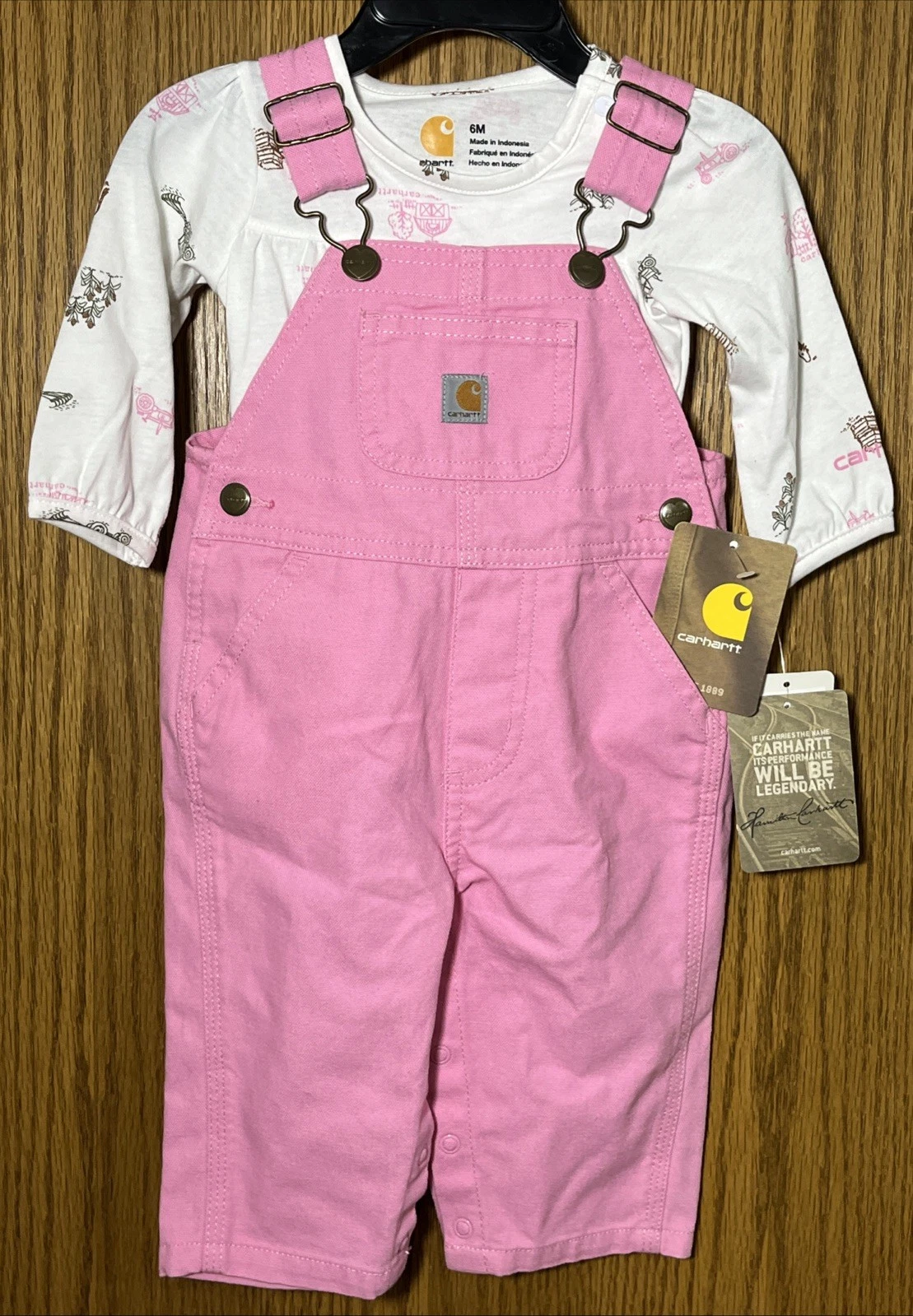 Carhartt Canvas Bib Overalls Girls Baby Size 6M Pink Rose Bloom Loose Fit Set