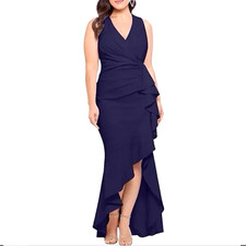Betsy & Adam Women Dress Size 2 Navy Blue Scuba Crepe Cascade Ruffle Gown New