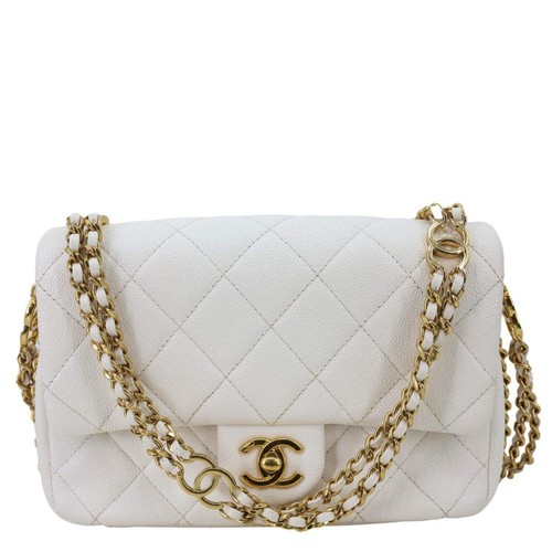 CHANEL CC Double Chain Flap Quilted Caviar Leather Shoulder Bag White