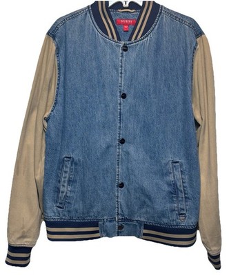 Guess Los Angeles Denim Varsity Jacket Men's L Blue Tan Bomber