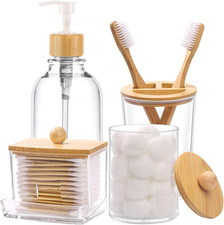 Bamboo Bathroom Accessories Set 4 Pcs - Clear Toothbrush Holder Plastic Soap Dis
