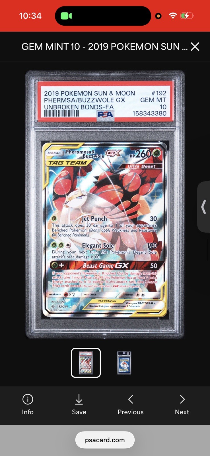 2019 POKEMON SM UNBROKEN BONDS #192/214 PHEROMOSA BUZZWOLE GX TAG TEAM PSA 10