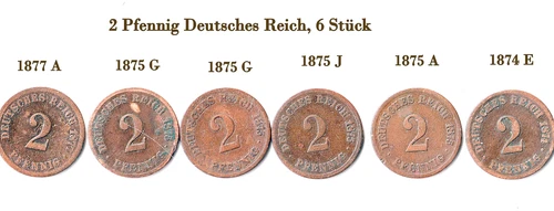 6 x 2 Pfennig German Reich, 1874, 1875, 1877, Copper