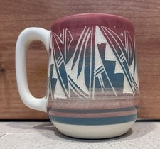 Native American Navajo Handmade Pottery Mug Etched Teal Tan Mauve Signed 15oz