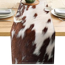 Linen Cow Print Table Runner 13x71 Inch Farmhouse Western White Brown Cowhide Ru