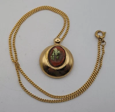 Collier pendentif vintage doré médaillon émail artistique rouge & Vert chaîne D8 - Photo 1/4